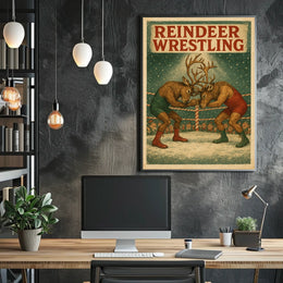Reindeer Wrestling Holiday Art Print Sports Poster