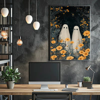 Ghostly Figures Surreal Whimsical Flowers Poster