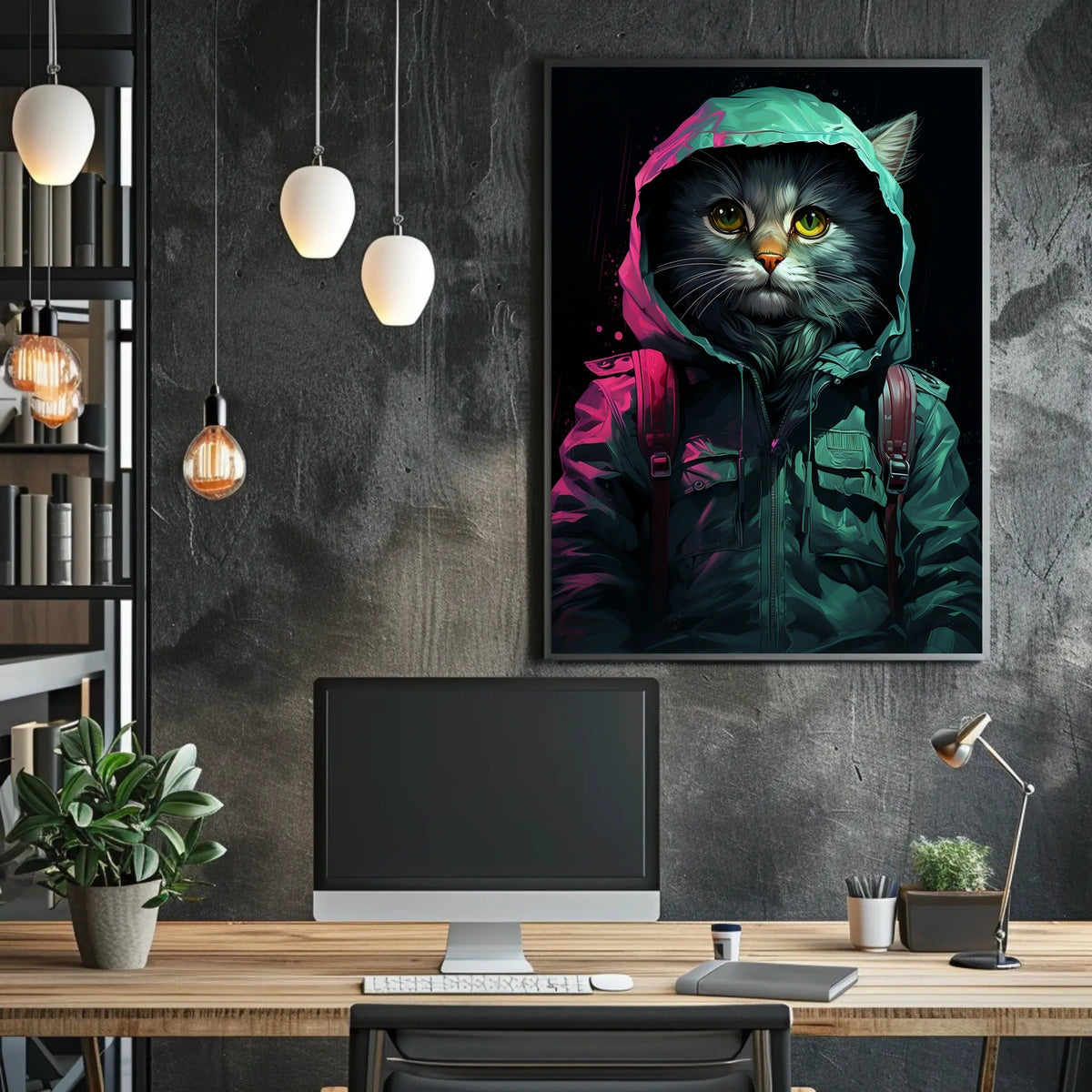 Anthropomorphic Cat in Rain Jacket Surreal Poster