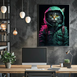 Anthropomorphic Cat in Rain Jacket Surreal Poster