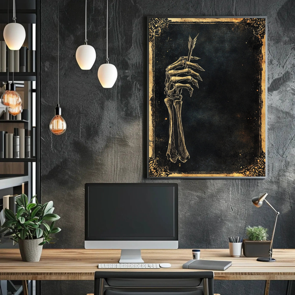 Eerie Skeletal Hand Holding Arrow Abstract, Artistic Poster