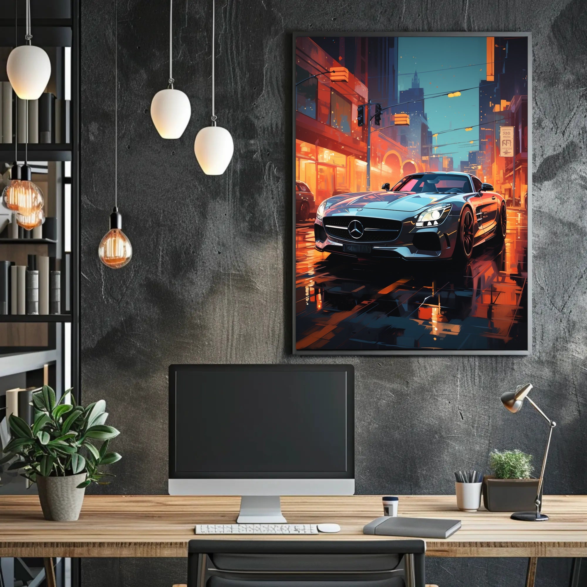 Sleek Urban Sports Car on Vibrant City Street Poster