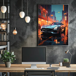 Sleek Urban Sports Car on Vibrant City Street Poster