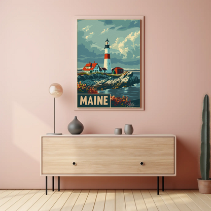 Maine Lighthouse Coastal Classic Travel Poster