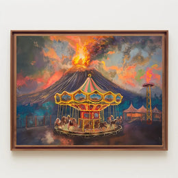 Surreal Carousel and Volcano Imaginative Art Poster