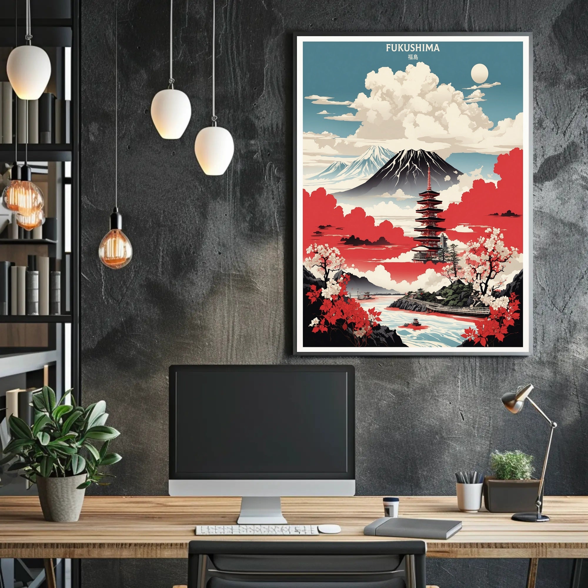 Japanese Tranquility Travel Poster with Pagoda and Mount Fuji