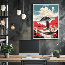 Japanese Tranquility Travel Poster with Pagoda and Mount Fuji