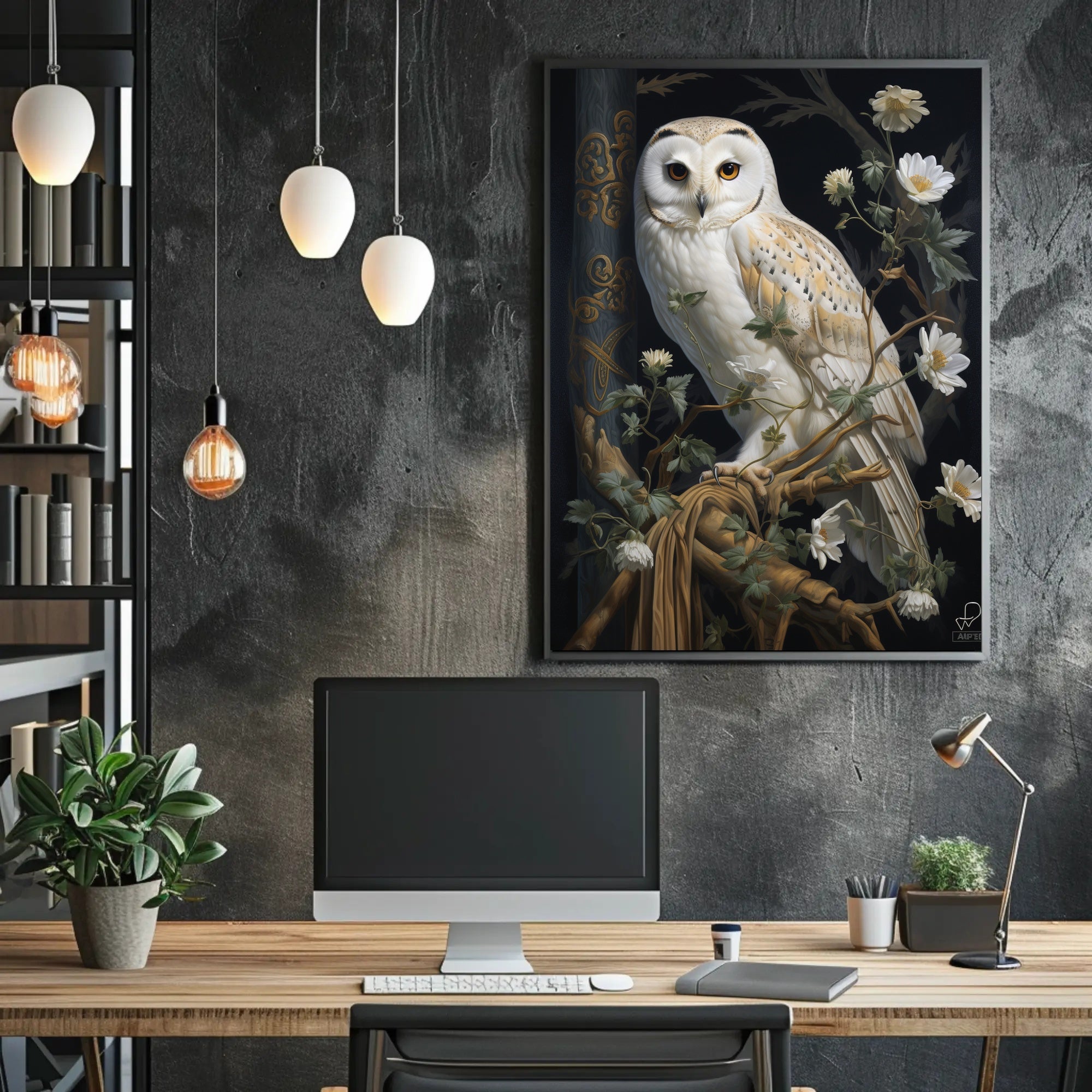 Detailed White Owl Illustration Wall Art Animal Poster