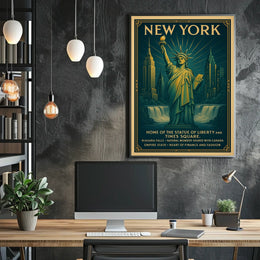 New York City Skyline And Landmarks Poster Vintage Wall Art