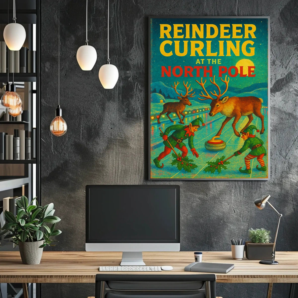 Reindeer Curling at the North Pole Poster