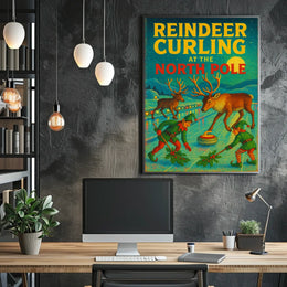 Reindeer Curling at the North Pole Poster