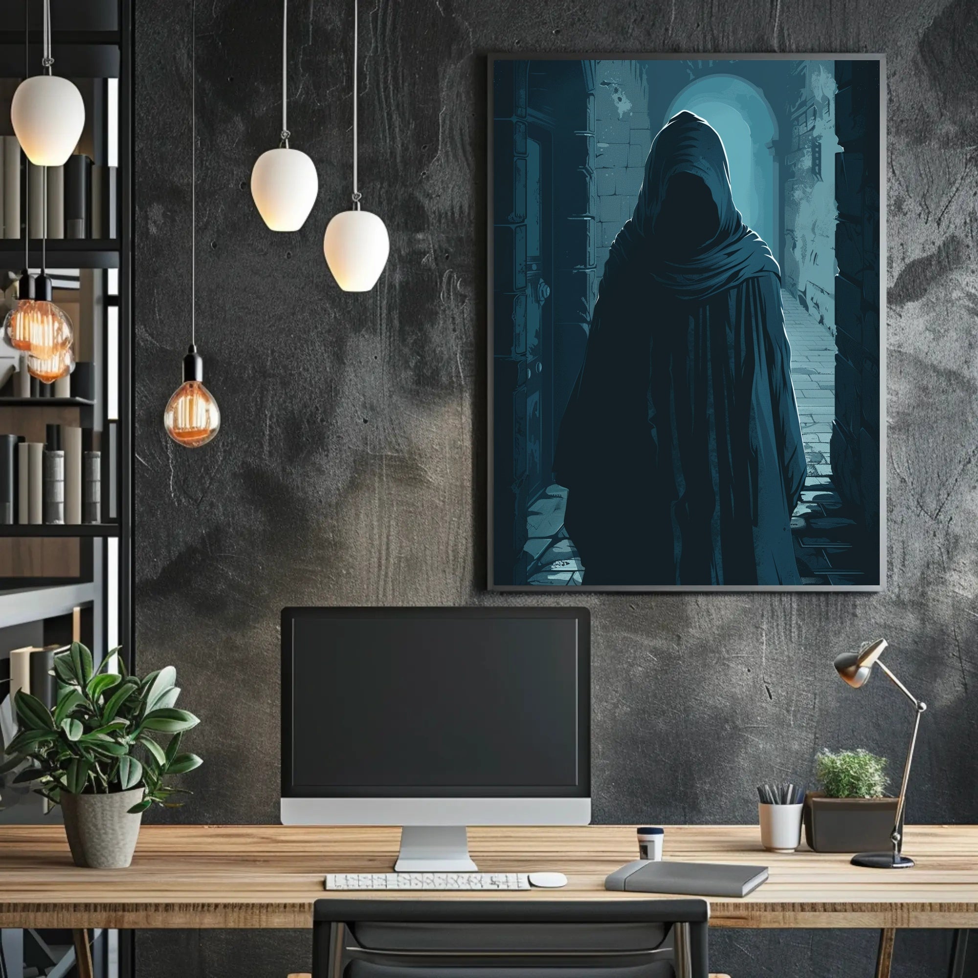 Mysterious Cloaked Figure in Gothic Stone Corridor PosterGoat