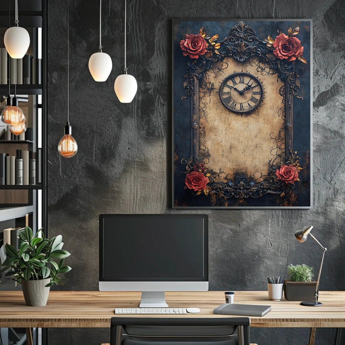 Vintage Clock and Roses: Baroque Victorian Heritage Poster