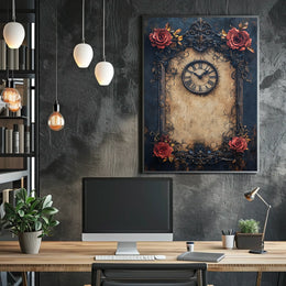Vintage Clock and Roses: Baroque Victorian Heritage Poster