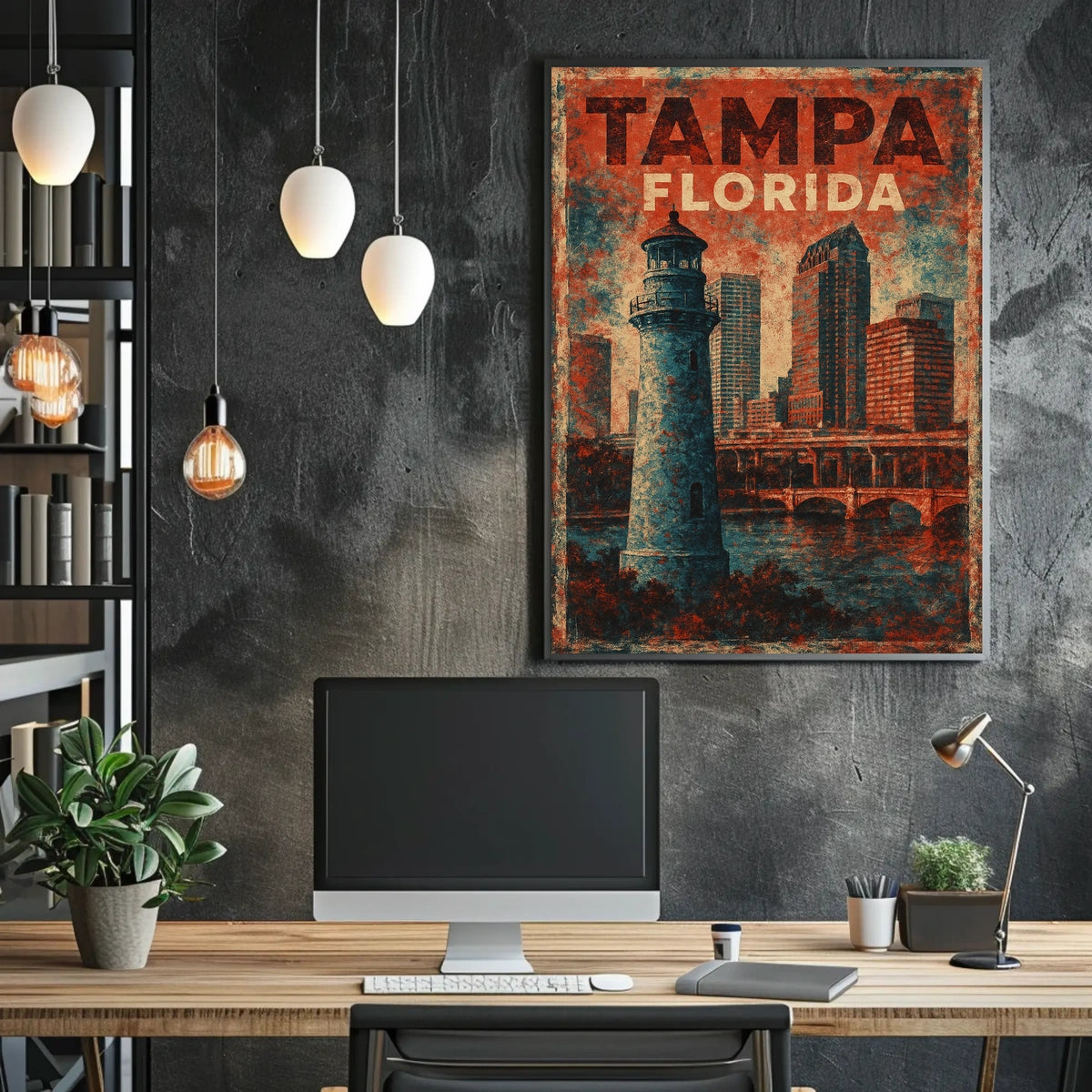 Tampa Skyline Vintage Lighthouse Nostalgic Art Poster