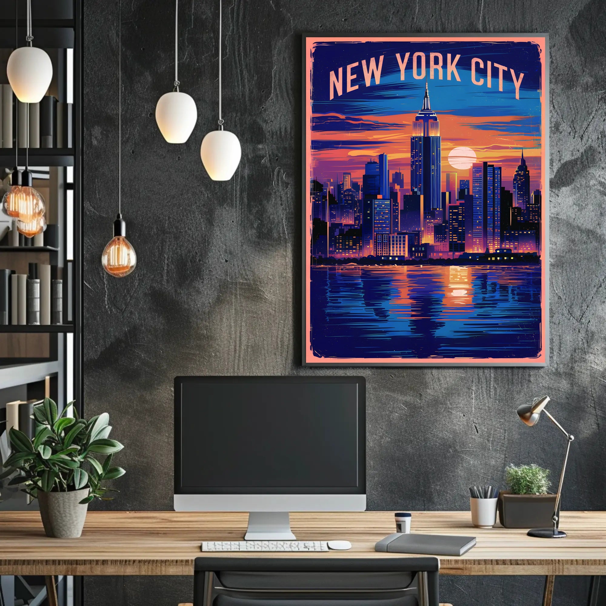 New York City Skyline at Sunset Poster Modern Wall Art