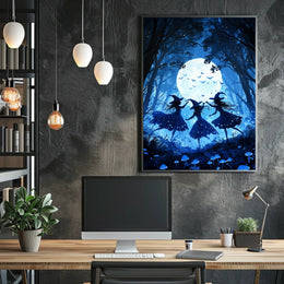 Witches Dancing Under Full Moon Mystical Forest Magic Poster