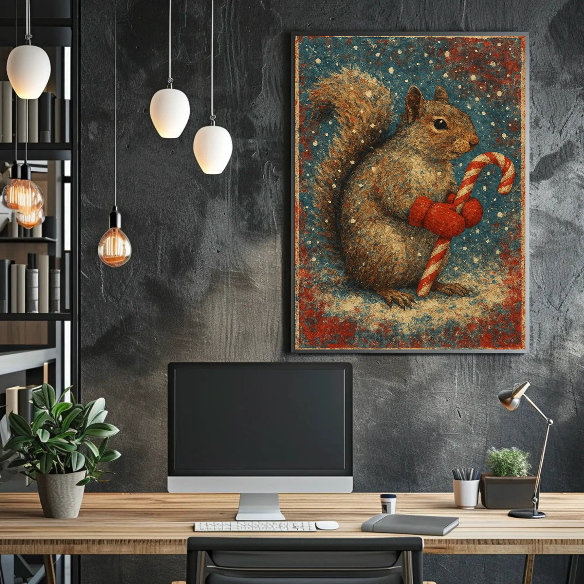 Winter Squirrel with Candy Cane Poster
