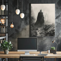 Mysterious Cloaked Figure in Foggy Terrain Fantasy Poster PosterGoat