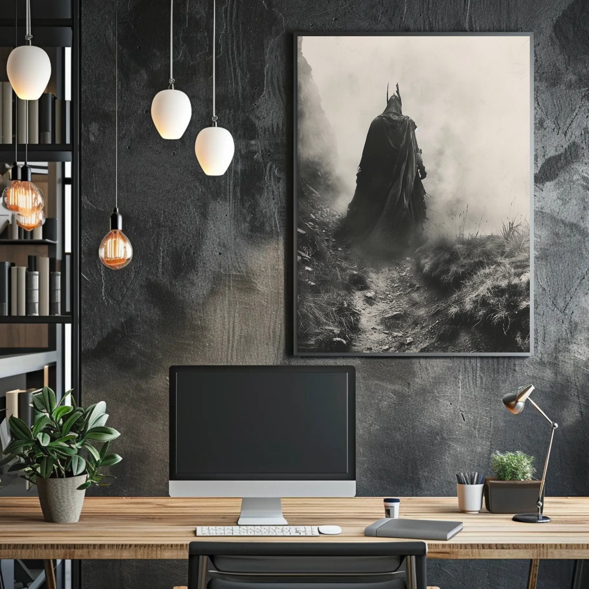 Mysterious Cloaked Figure in Foggy Terrain Fantasy Poster PosterGoat