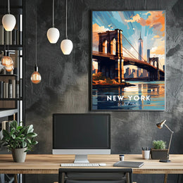 Brooklyn Bridge Sunset Cityscape Poster Modern Wall Art