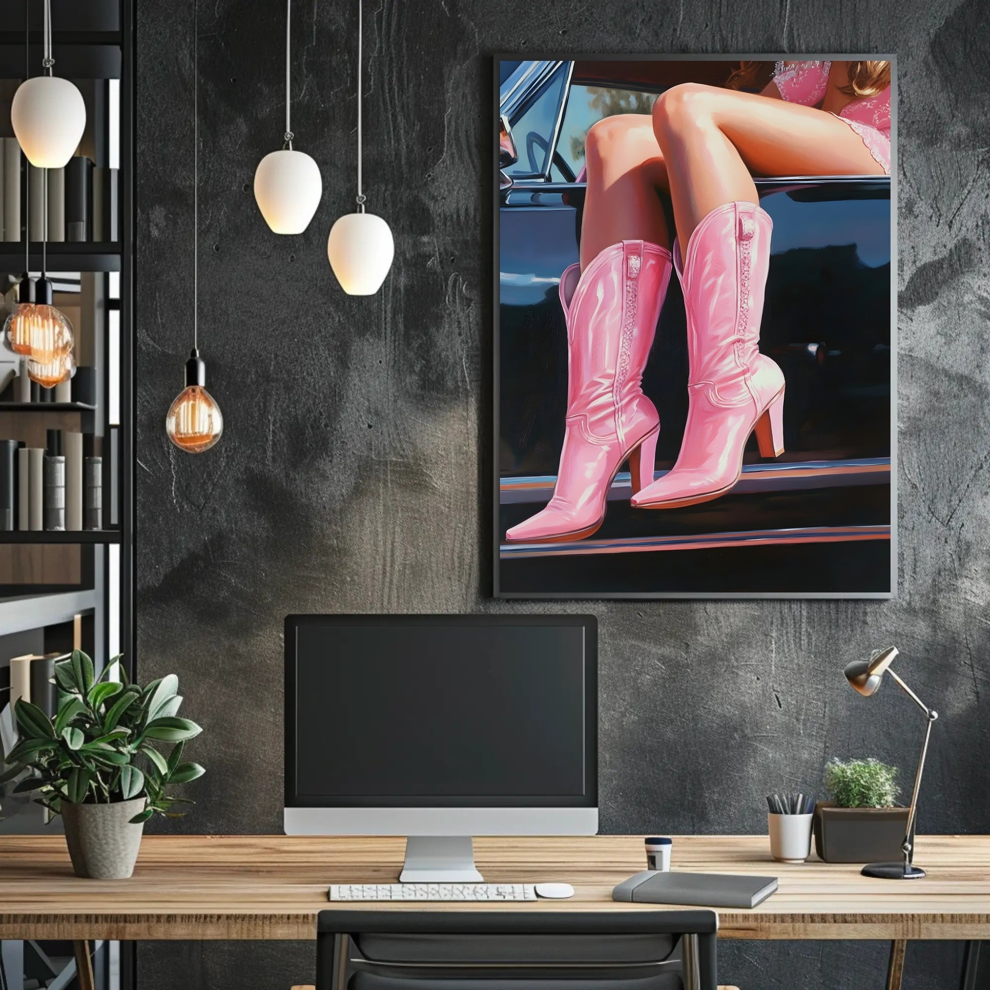 Pink Boots And Classic Car Poster Vintage Wall Art
