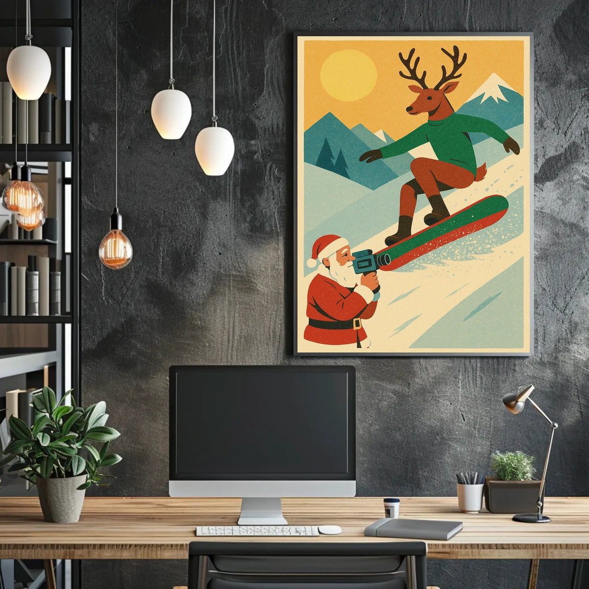 Reindeer Snowboarding Vintage Winter Adventure Poster