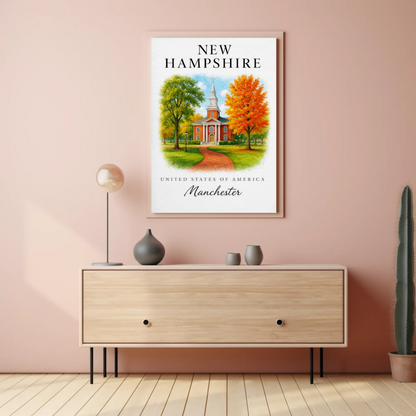 Manchester New Hampshire Historic Brick Church Autumn Travel Poster Travel Poster