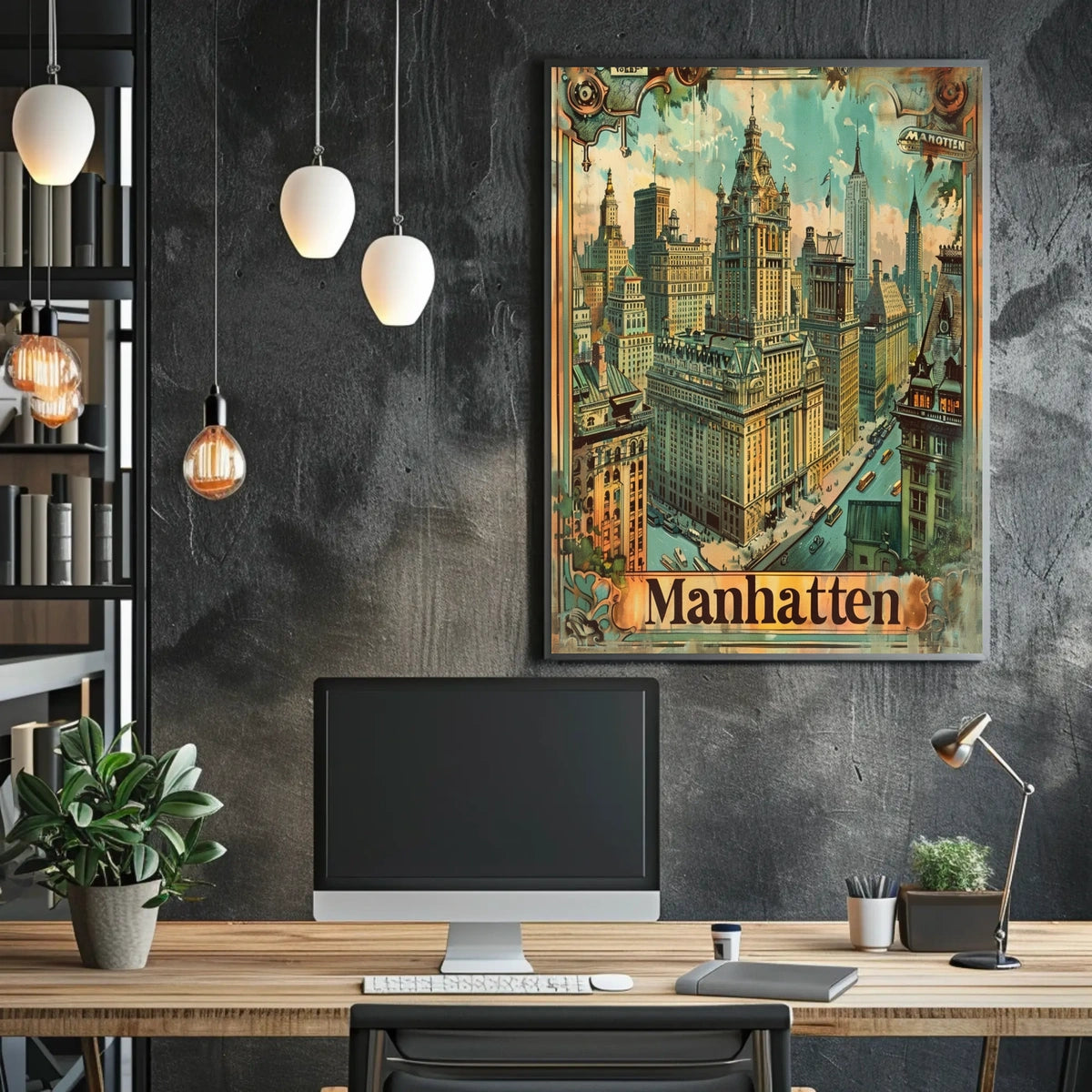 Vintage Manhattan Skyscrapers Nostalgic Urban Art Poster