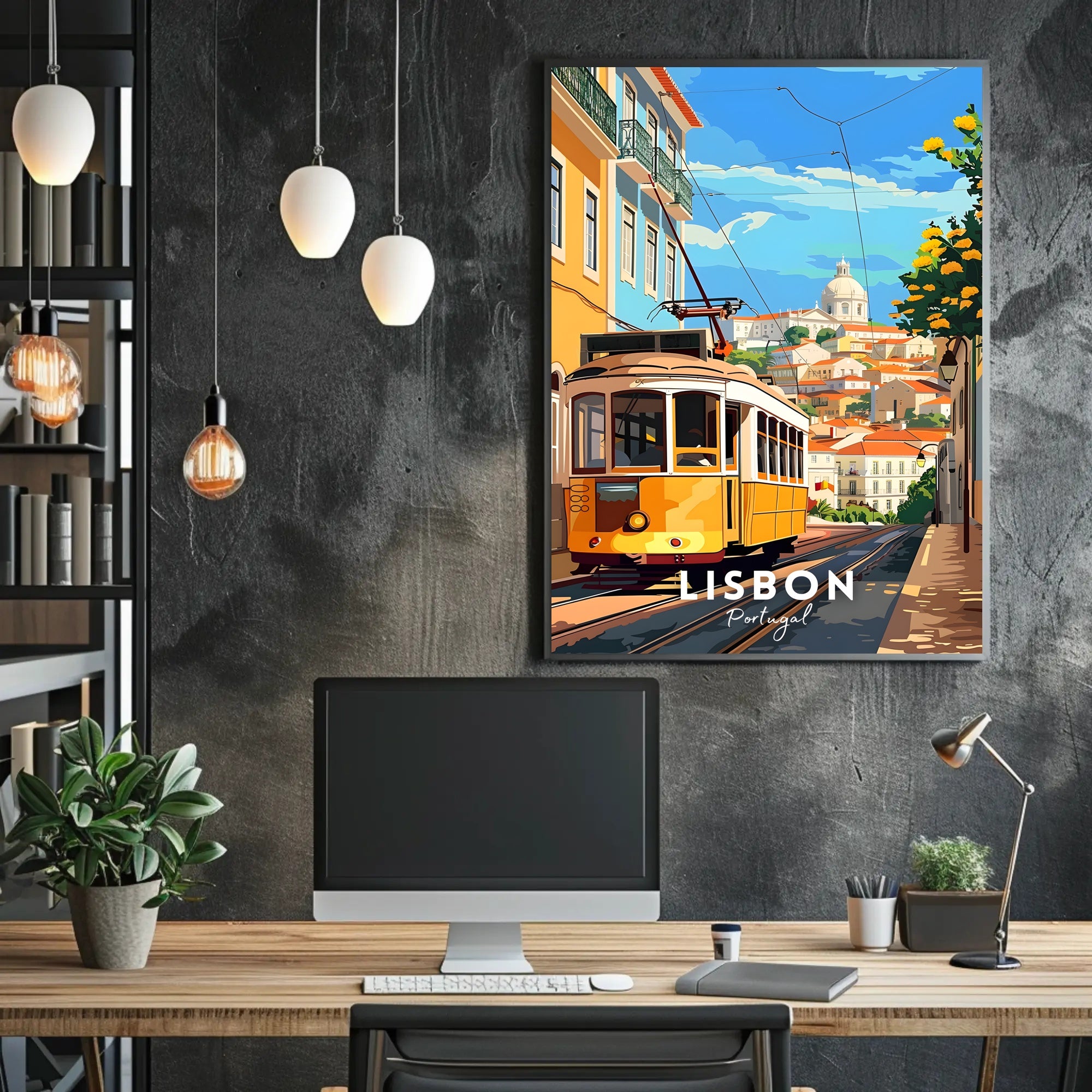 Lisbon Yellow Tram Cityscape Travel Poster