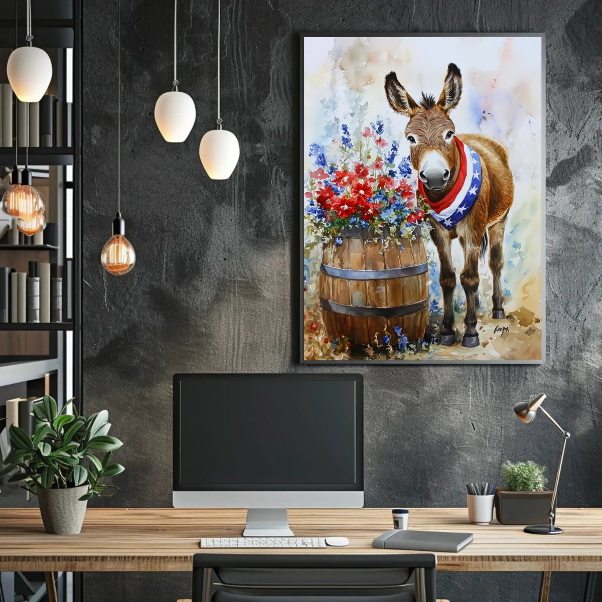 Cheerful Donkey Standing Beside Wooden Barrel Poster