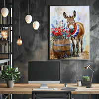 Cheerful Donkey Standing Beside Wooden Barrel Poster