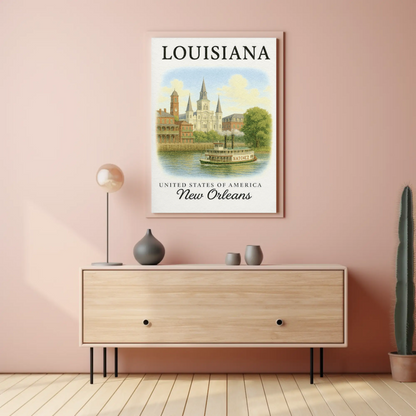 New Orleans Louisiana Cathedral Steamboat River Poster
