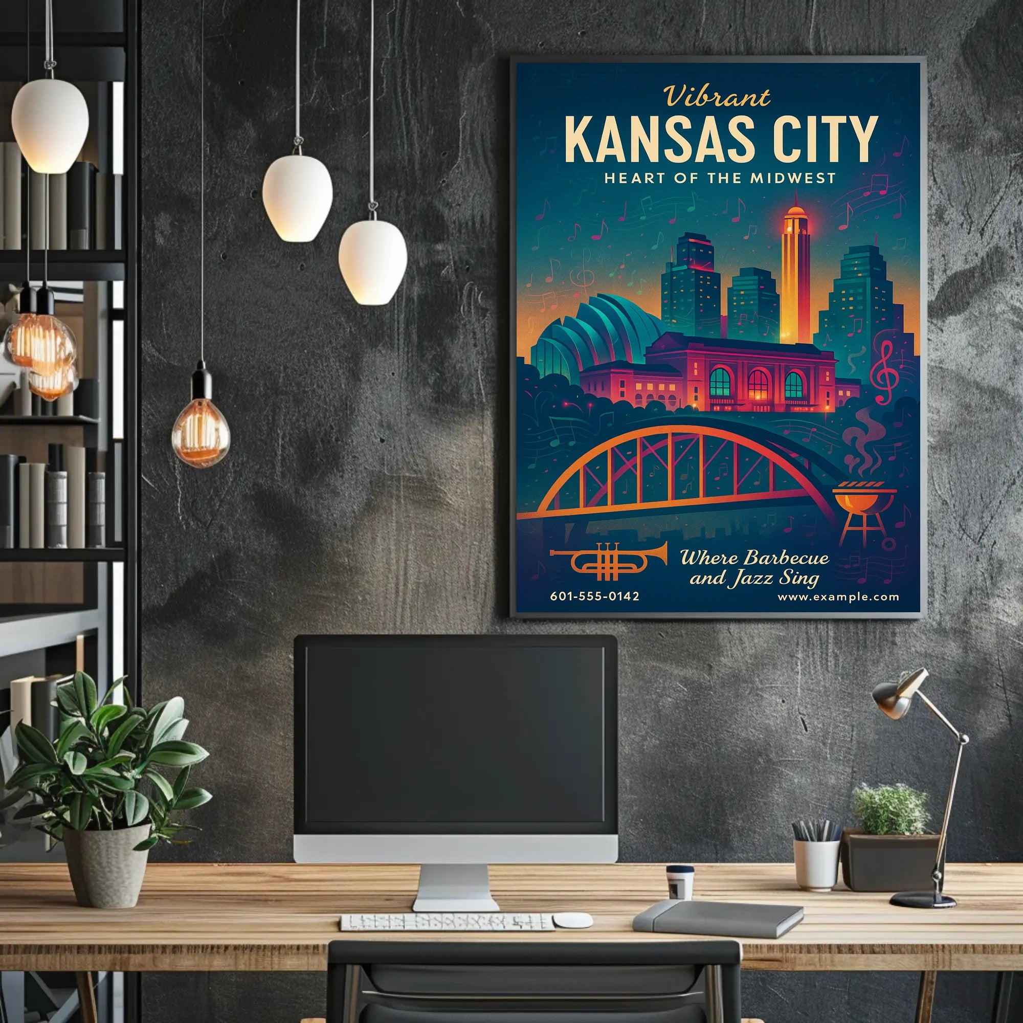 Kansas City Jazz and BBQ Urban Cityscape Poster PosterGoat