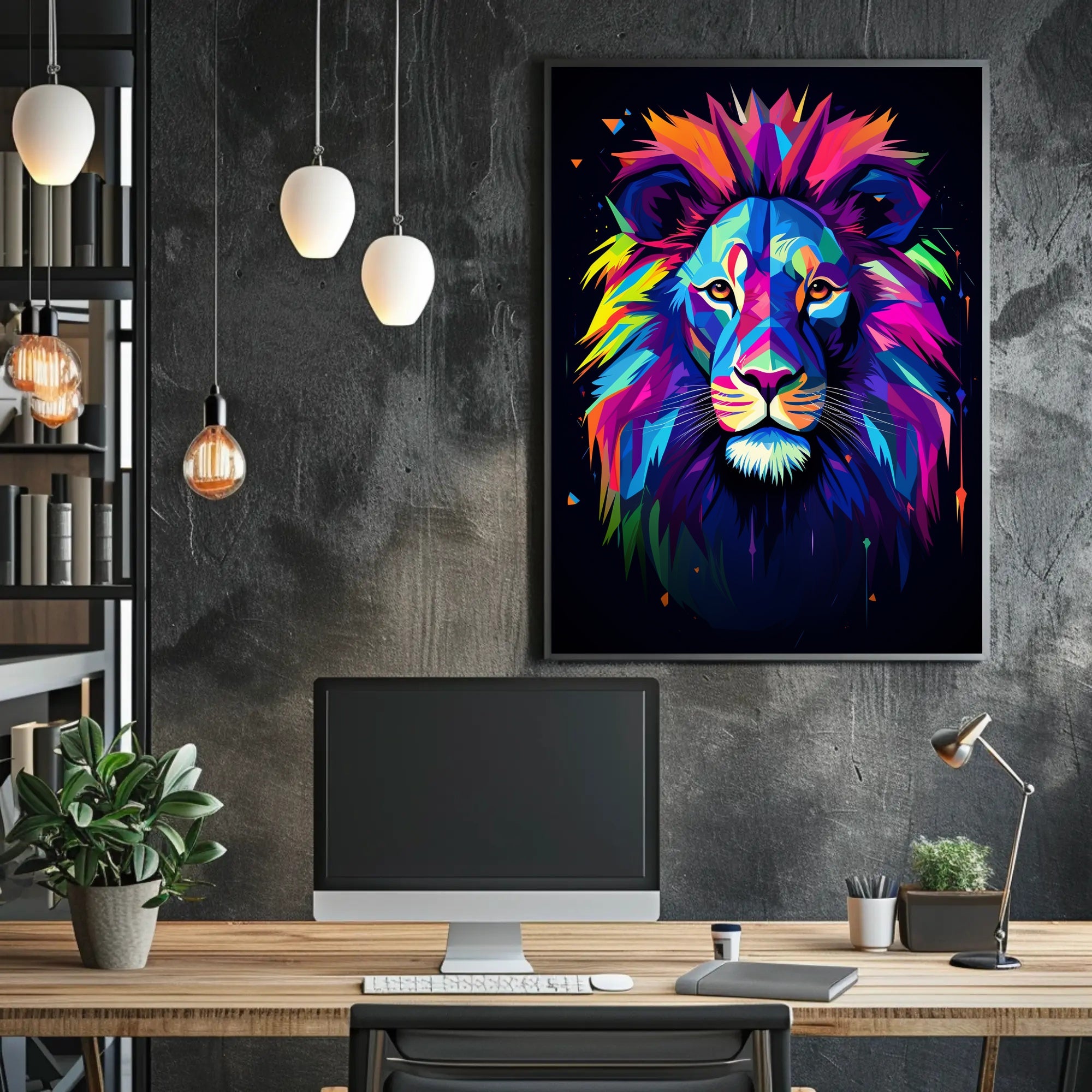 Vibrant Lion Portrait in Abstract, Artistic, or Pop Culture Poster