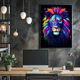 Vibrant Lion Portrait in Abstract, Artistic, or Pop Culture Poster