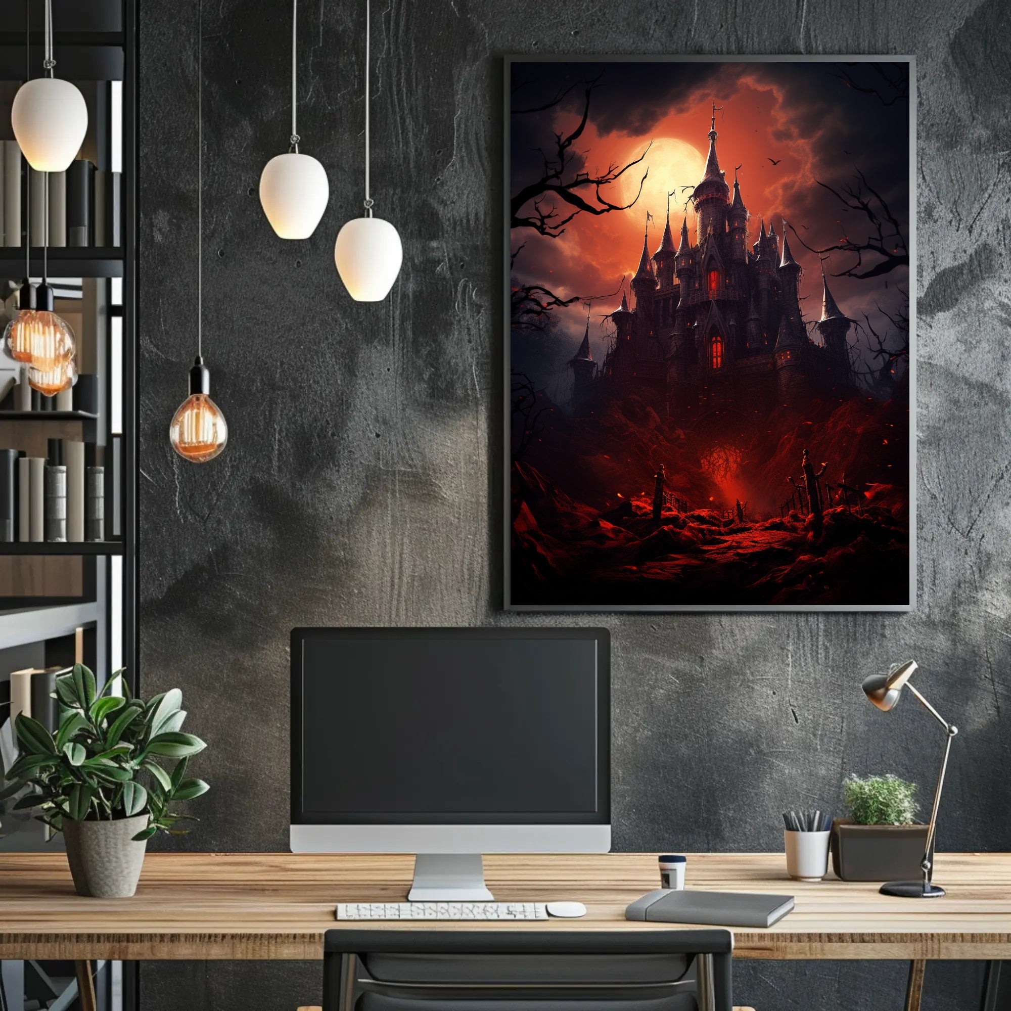 Haunted Castle Under Blood Moon Poster PosterGoat