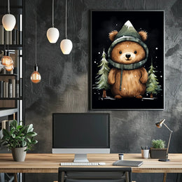 Whimsical Bear in Mountain Hood Cartoon Poster