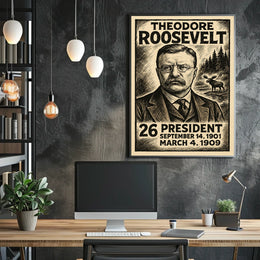 Theodore Roosevelt 26th President of the United States B & W Comic Sketch Poster