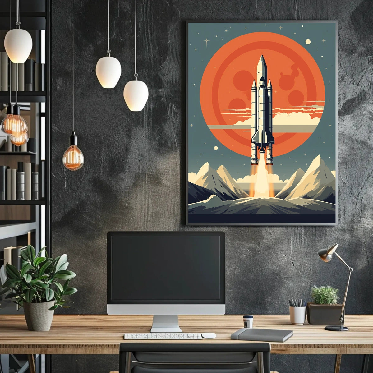 Retro Space Shuttle Launch Scene: Futuristic Sci-Fi Poster