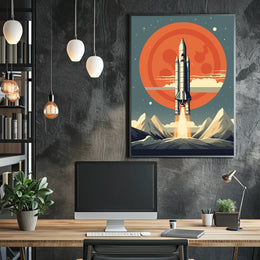 Retro Space Shuttle Launch Scene: Futuristic Sci-Fi Poster