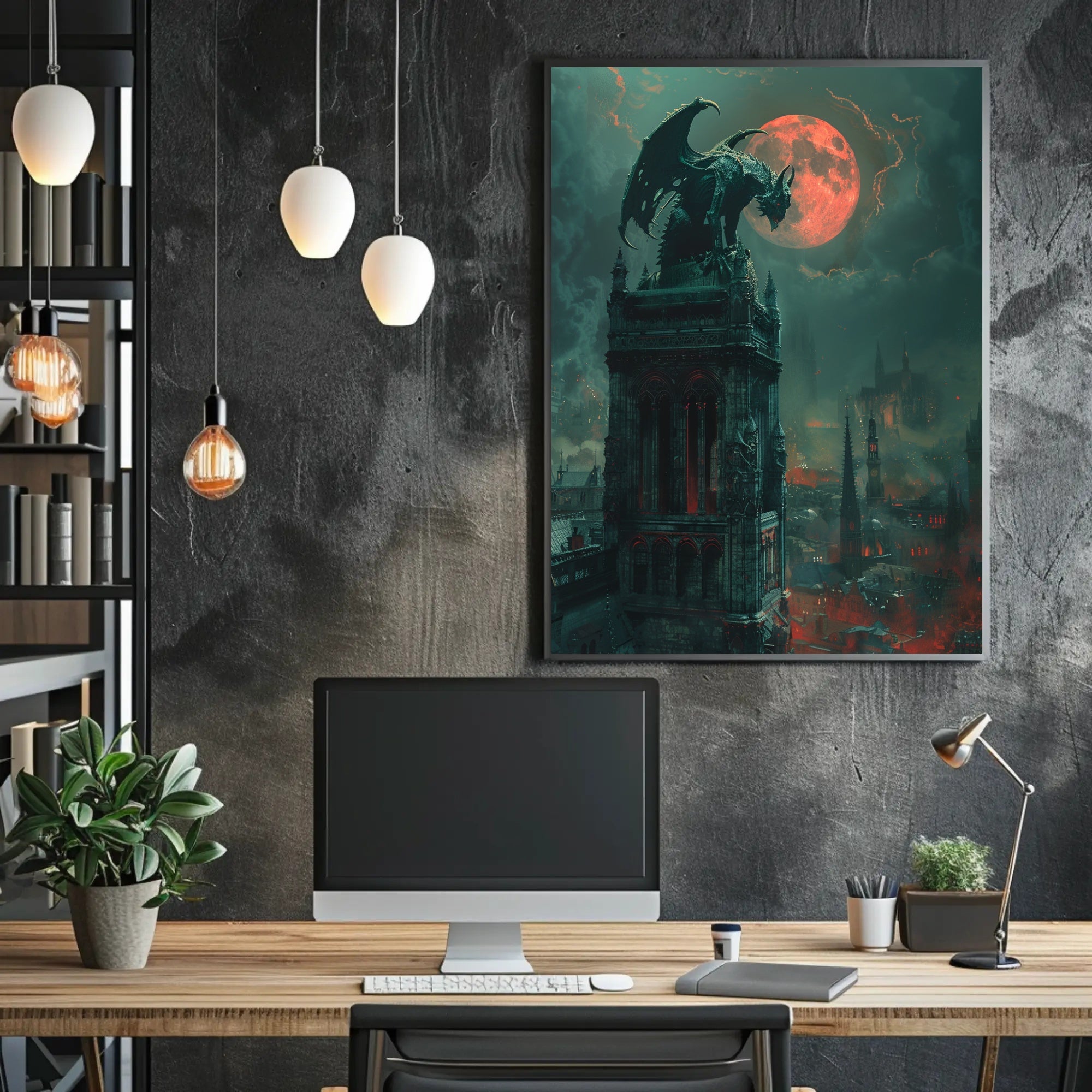 Gothic Fantasy Poster with Ominous Gargoyle and Red Moon PosterGoat