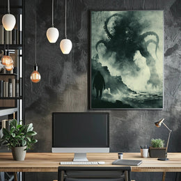 Dramatic Tentacled Monster in Stormy Coast Fantasy Poster PosterGoat