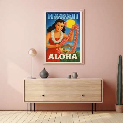 Vintage Hawaii Girl Lei Diamond Head Beach Travel Poster