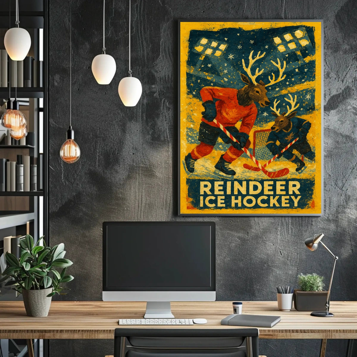 Whimsical Reindeer Ice Hockey Vintage Sports Poster