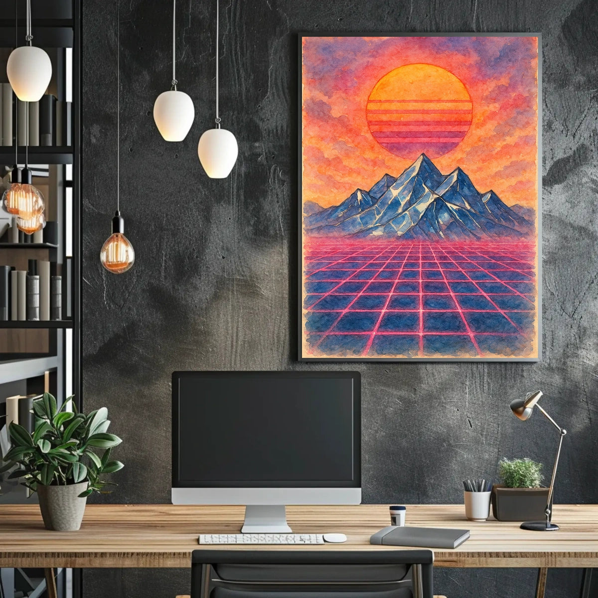 Retro-Futuristic Vaporwave Landscape with Neon Grid - Artistic Poster