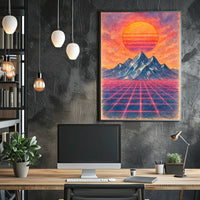 Retro-Futuristic Vaporwave Landscape with Neon Grid - Artistic Poster