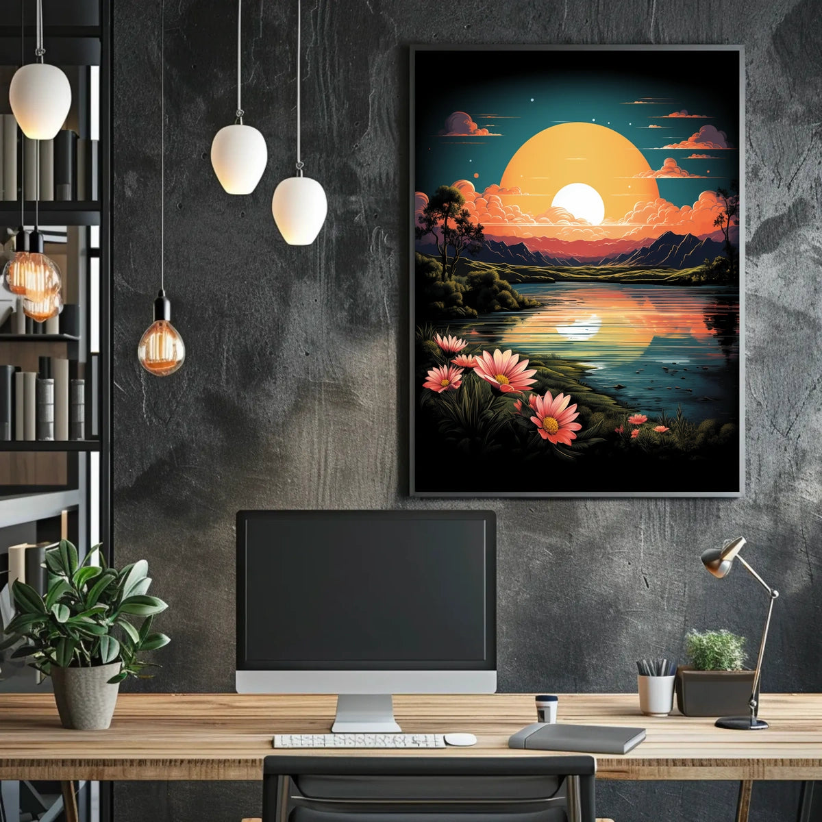 Tranquil Sunset Over Floral Landscape Poster