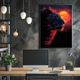 Majestic Lion at Fiery Sunset Art Poster