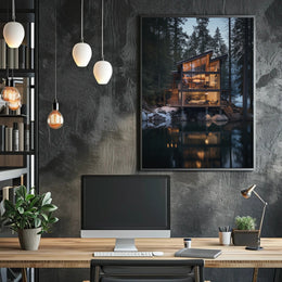 Modern Glass Cabin by Tranquil Lake National Park Poster